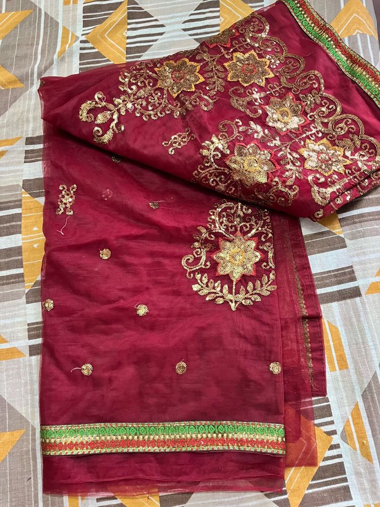 Maroon Embroidered saree