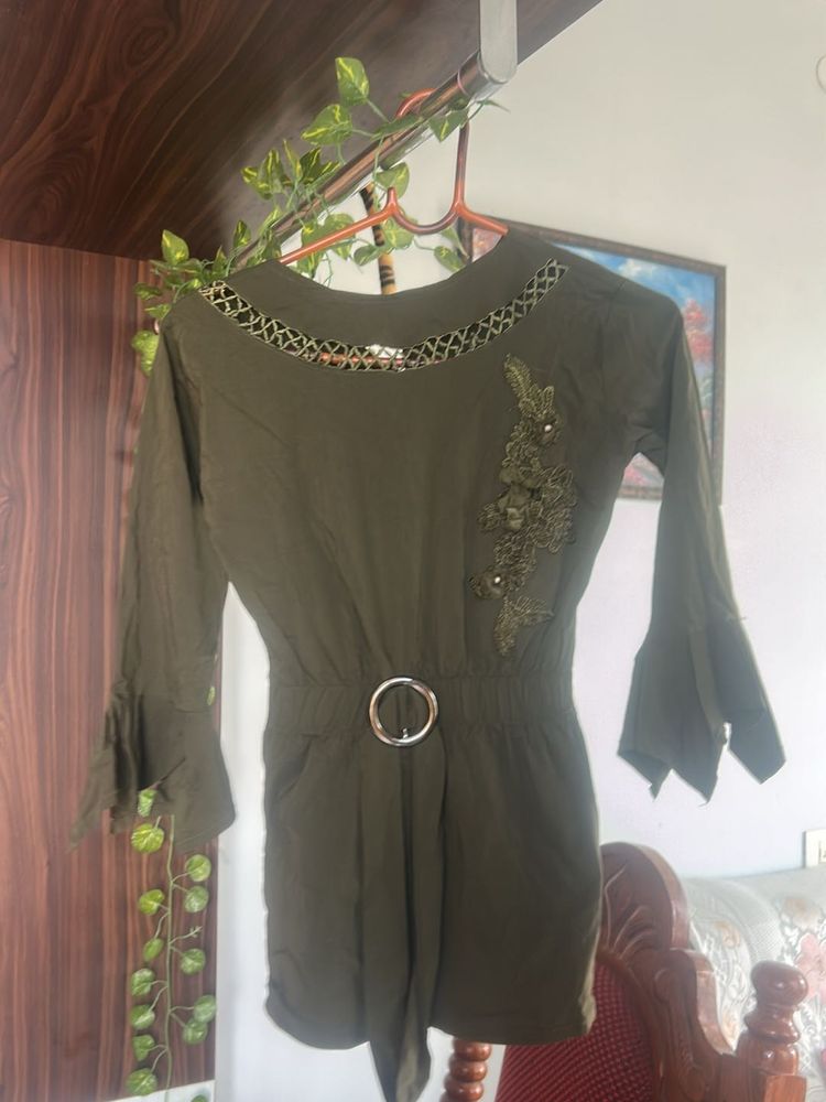 Olive Green Dress with Bell Sleeves