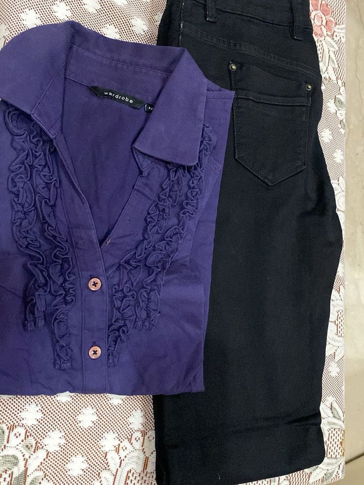 Black Jeans &amp; Short Sleeves Royal Purple Shirt Set