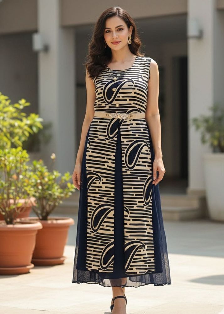 Stylish Patterned Dress with Belt
