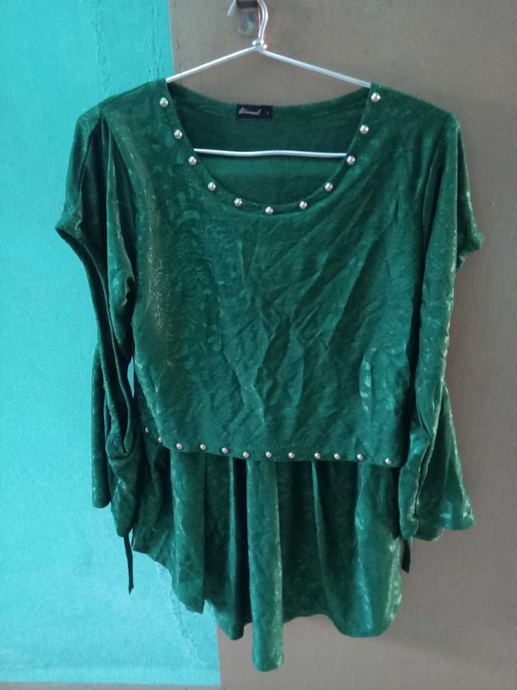 Green Synthetic Flared Top | Pearl Neck Work