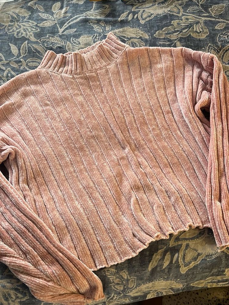 Pink Knitted Mock Neck Woolen Pullover Top