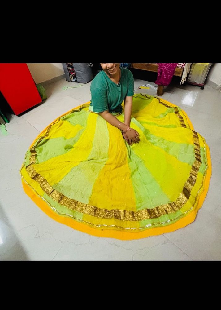 Bright Yellow &amp; Green Lehanga+pink Dupatta