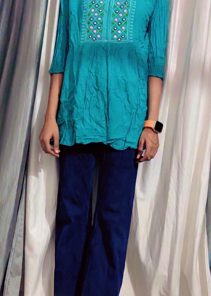 Embroidered Teal Tunic Top