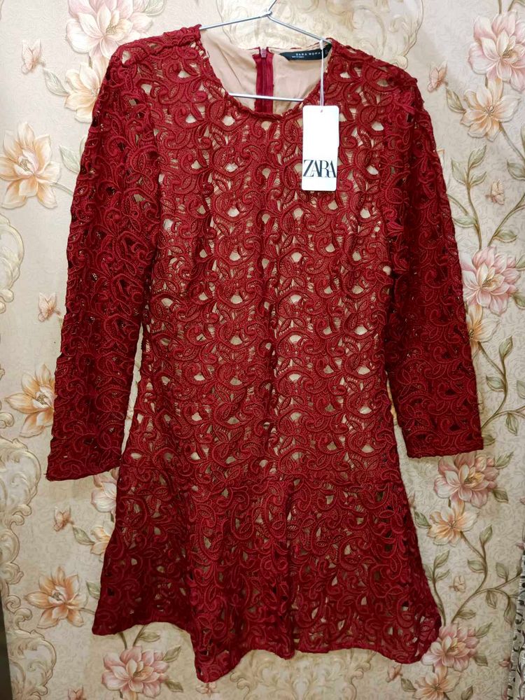 Zara Maroon Lace Dress