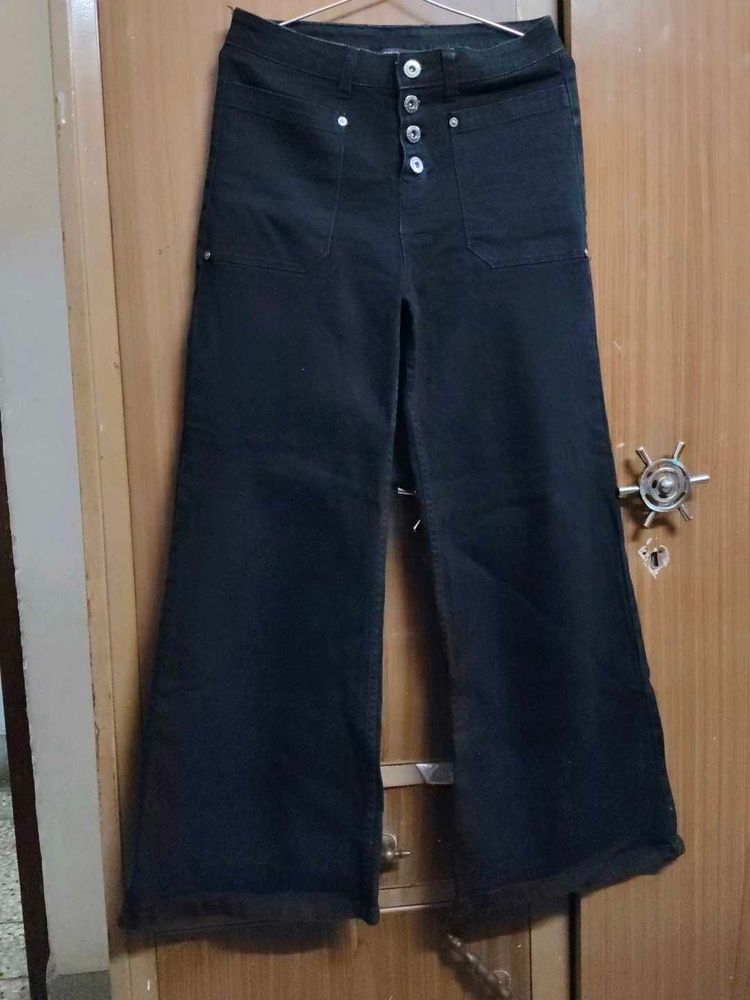Wide Leg Black Pants with Button Front