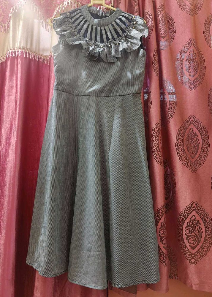 Gray Ruffle Neck Fit &amp; Flare Dress
