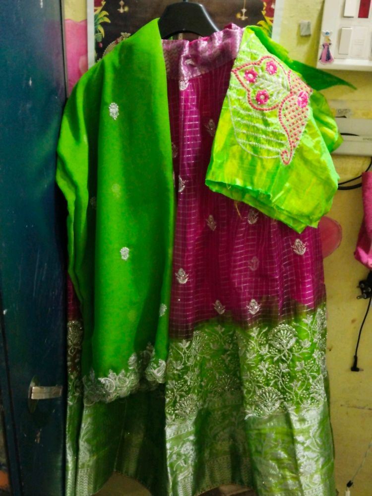 Pink &amp; Green Embellished Lehenga Set