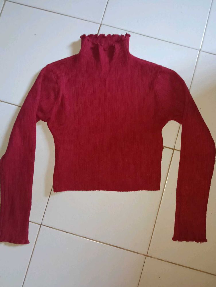 Red Ruffle Trim Long Sleeve Top