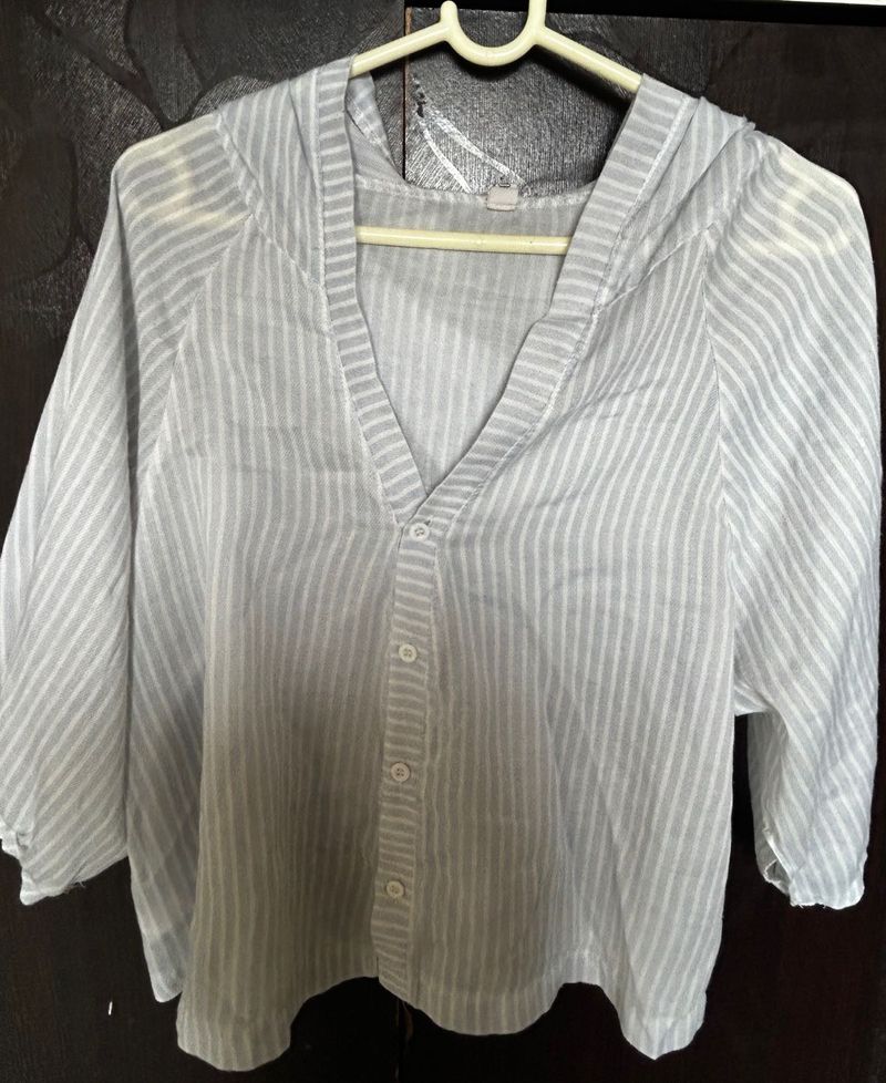 Striped Button-Down Hooded Top