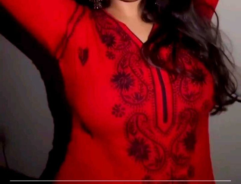 Red Cotton Chikankari Embroidery Kurti