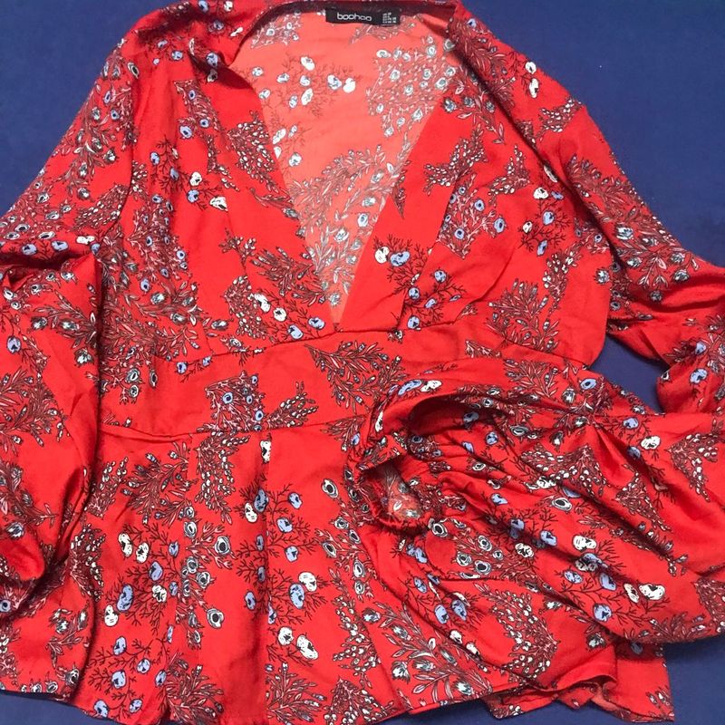 Boohoo Red Floral Blouse