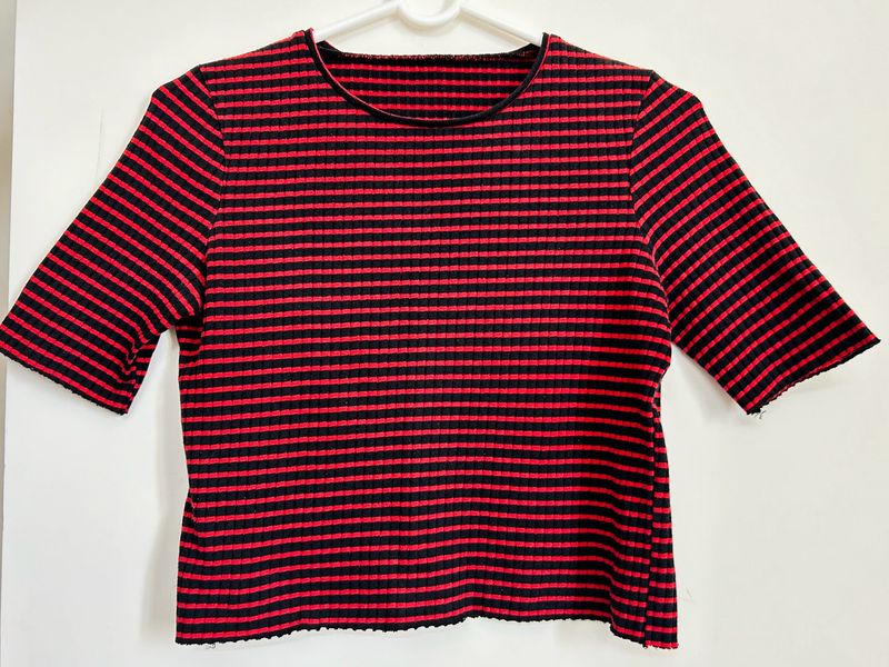 Red And Black Striped Crop Top