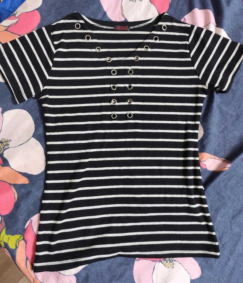 Striped Tee with Eyelet Detail