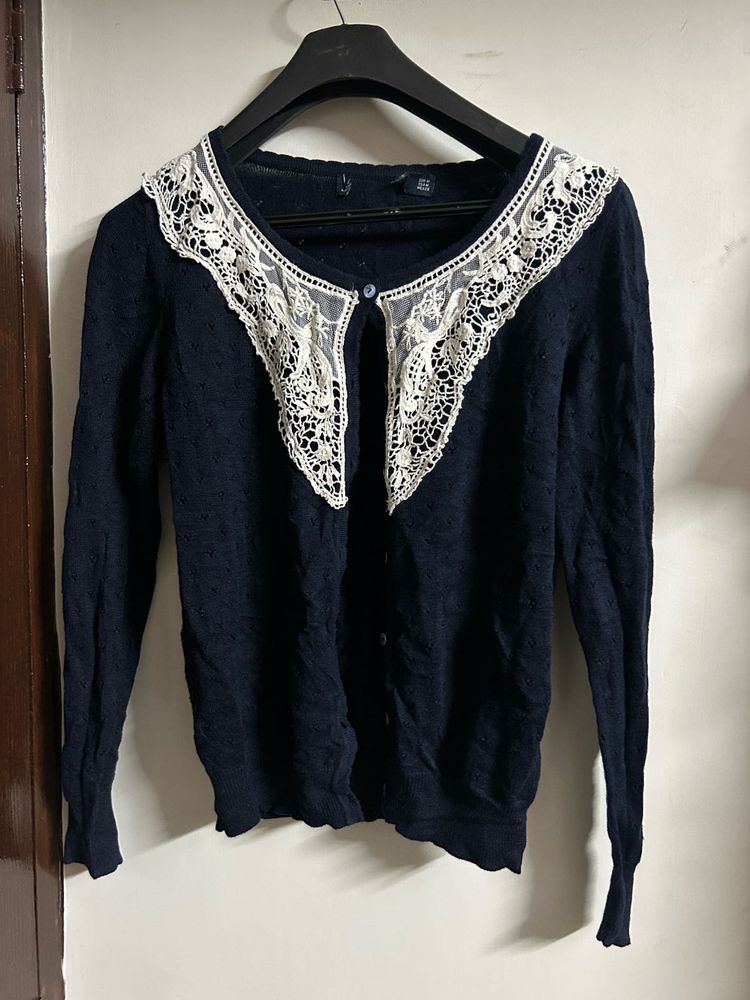 Navy Cardigan w/ Lace Collar