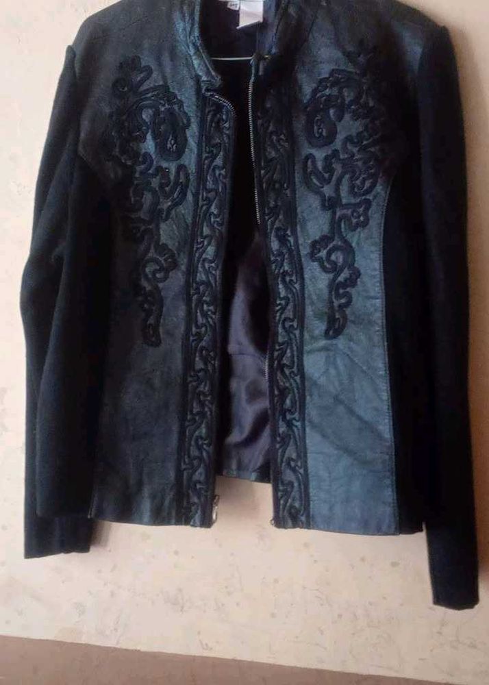 Embroidered Black Leather Jacket