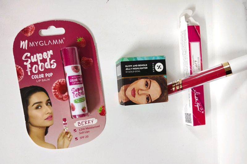 Sugar Gold And Behold Jelly Highlighter, Myglamm Color Pop Lipbalm, Myglam Lit Liquid Matte Lipstick Combo (New)