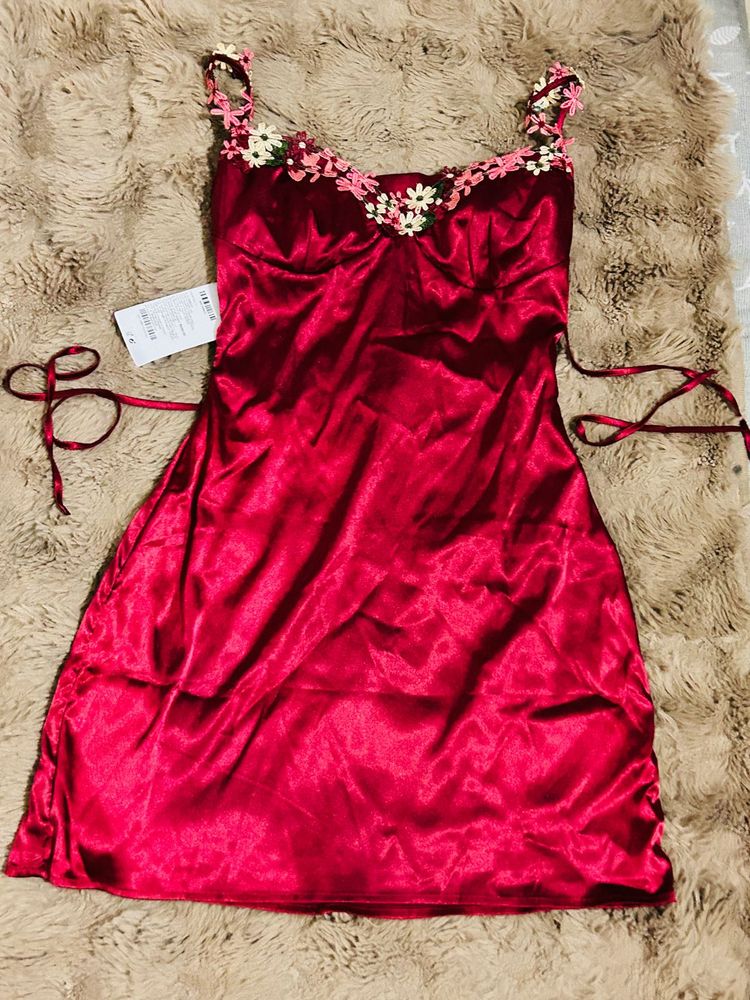 Red Satin Floral Trim Mini Slip Dress