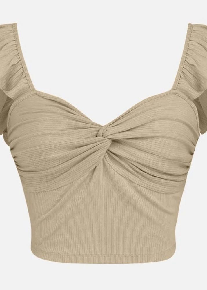 Sweetheart Neck Beige Front Twist Ribbed Top