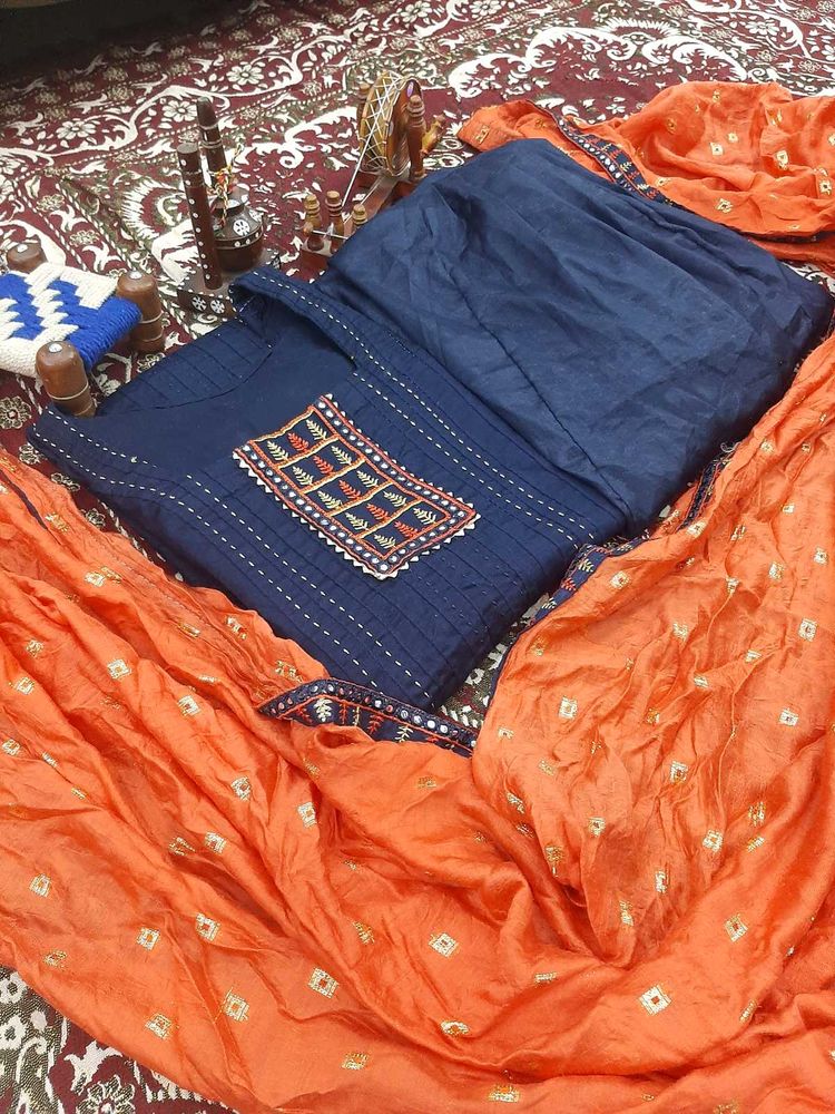 Navy Colour Suit Salwar With Orange Dupatta