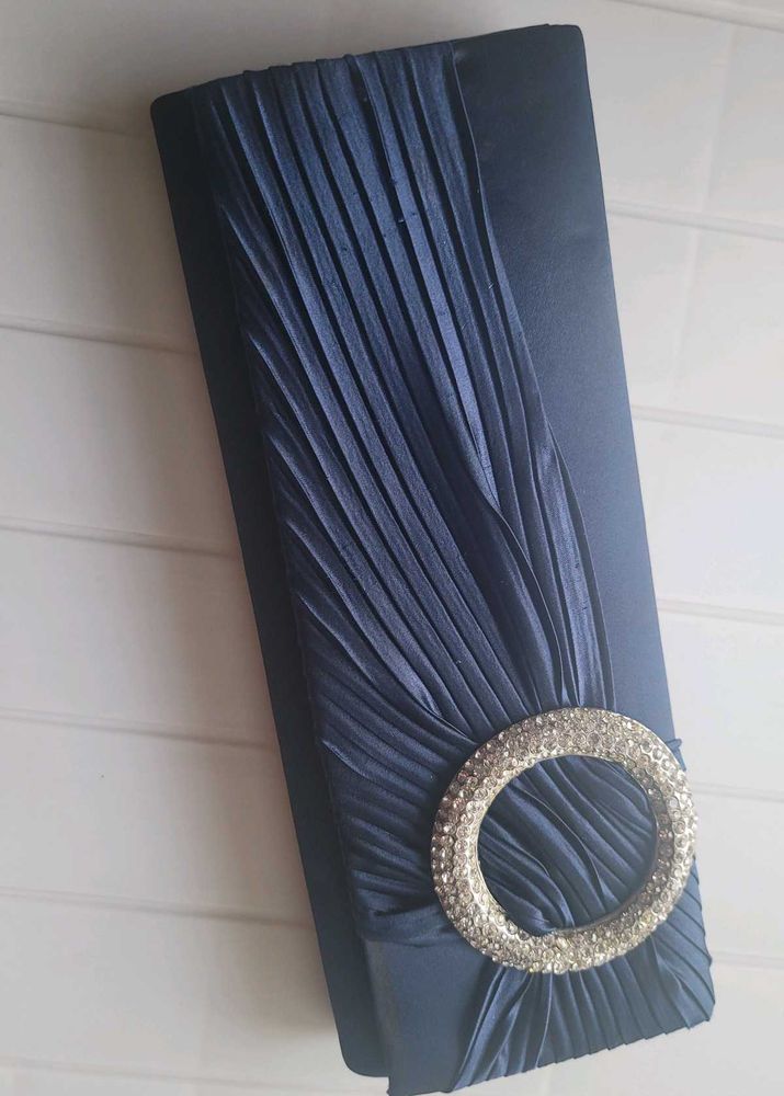 Party Navy Blue Clutch With Rhinestone Brooch