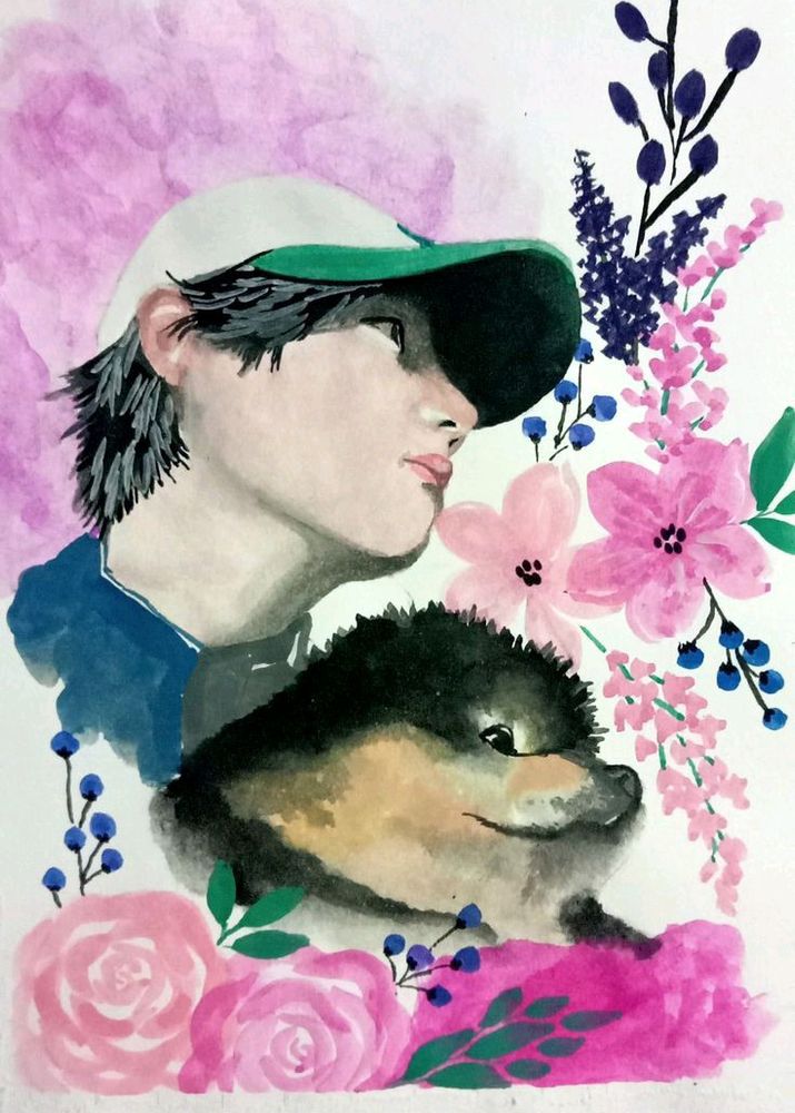 Beautiful Handmade Watercolor Painting Of Kim Taehyung With His Pet Dog