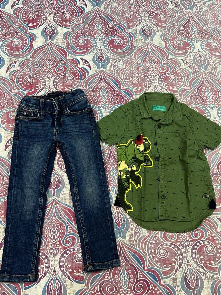 Boys Outfit: Jeans &amp; Green Button-Down Shirt