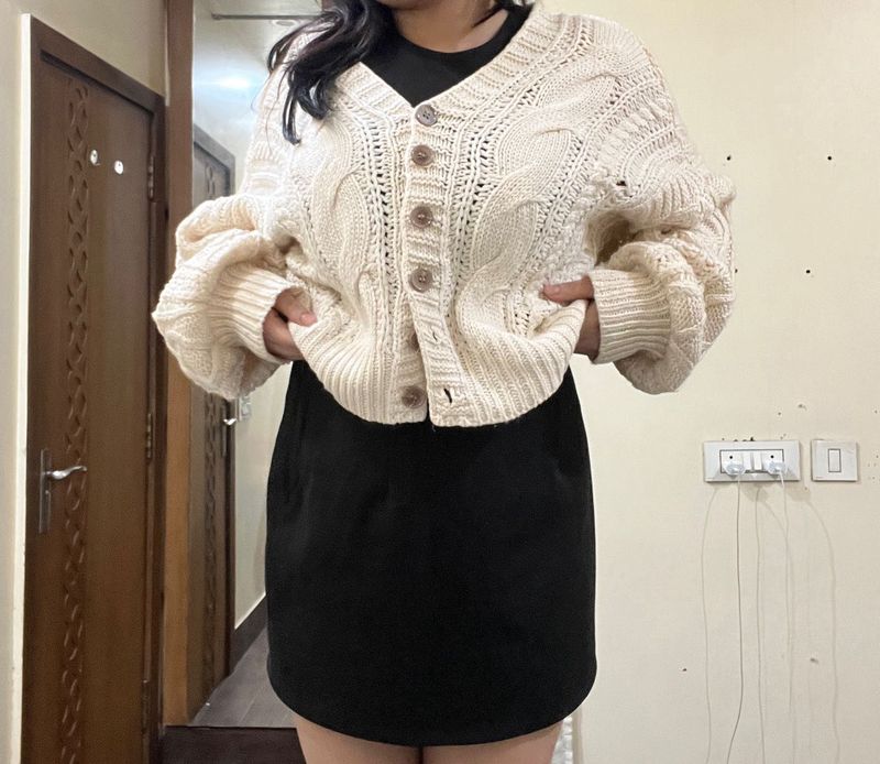 Cable Knit Cardigan and black skirt coord set
