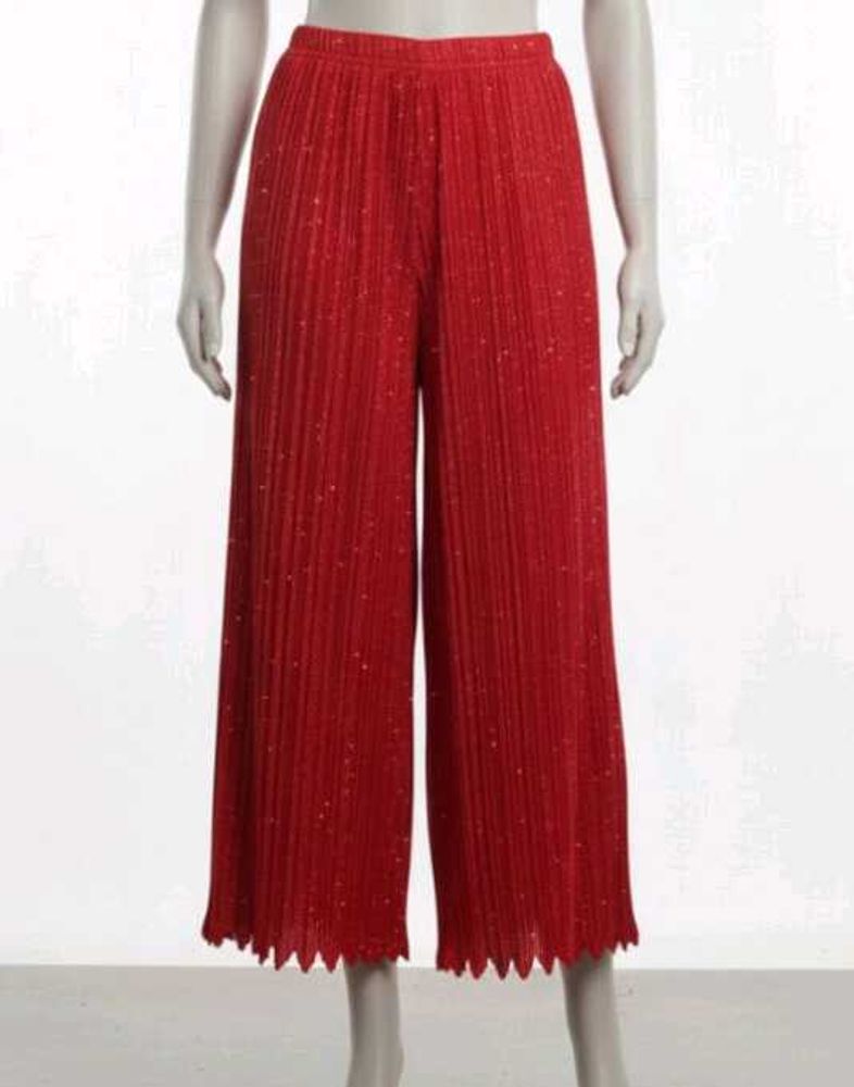 Red Pleated Wed Leg Sparkle Pants, Palazo