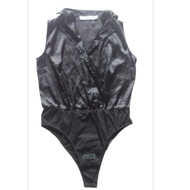 blacksatinbodysuit with a collared, wrap-style Top