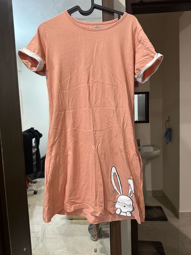 Peach T-Shirt Dress Bunny Print