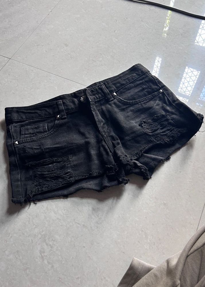 Distressed Black Denim Shorts