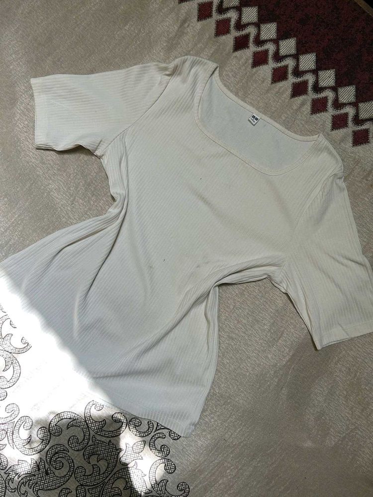 White Ribbed Square Neck Top