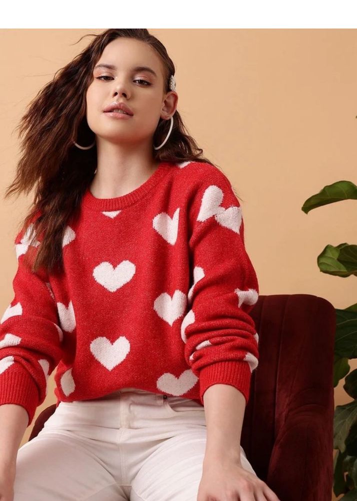 Red Heart Print Pullover Sweater
