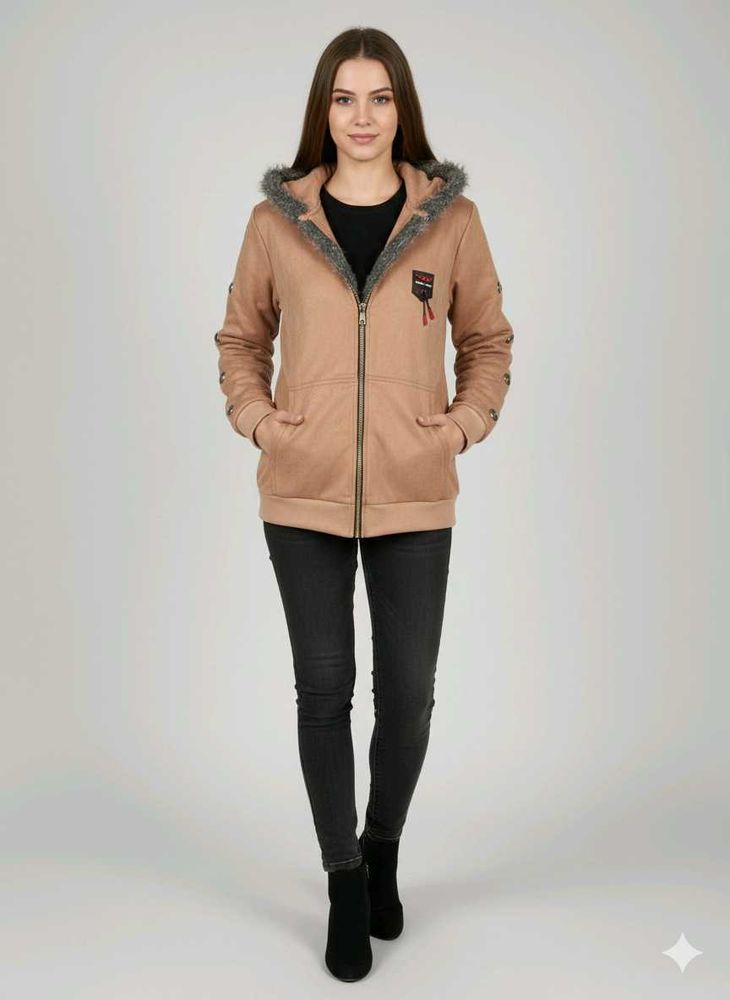 Faux Fur Trim short Hoodie in tan color