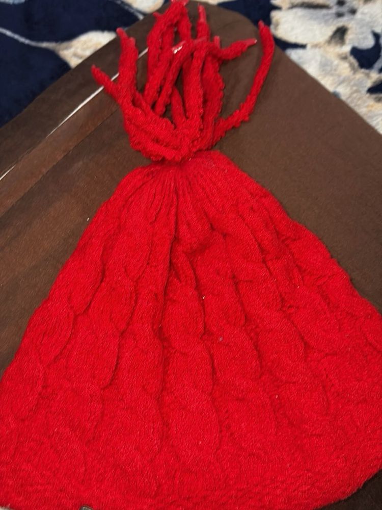 Red Knit Beanie with Tassels