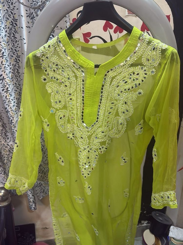 Lime Green Embroidered Kurta,Inner Not Available