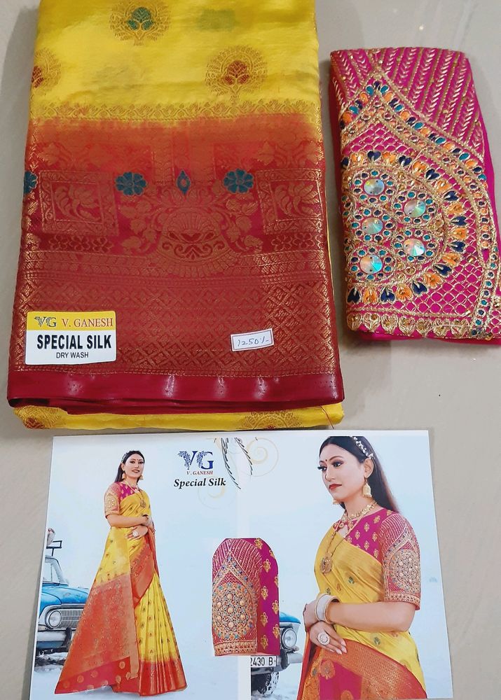 Beautiful Semi Silk Saree With Aari Work Blouse Material