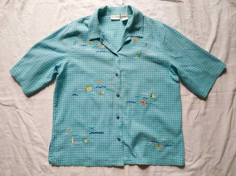 VINTAGE TEXTURED TATTERSALL PLAID EMBROIDERY SHIRT