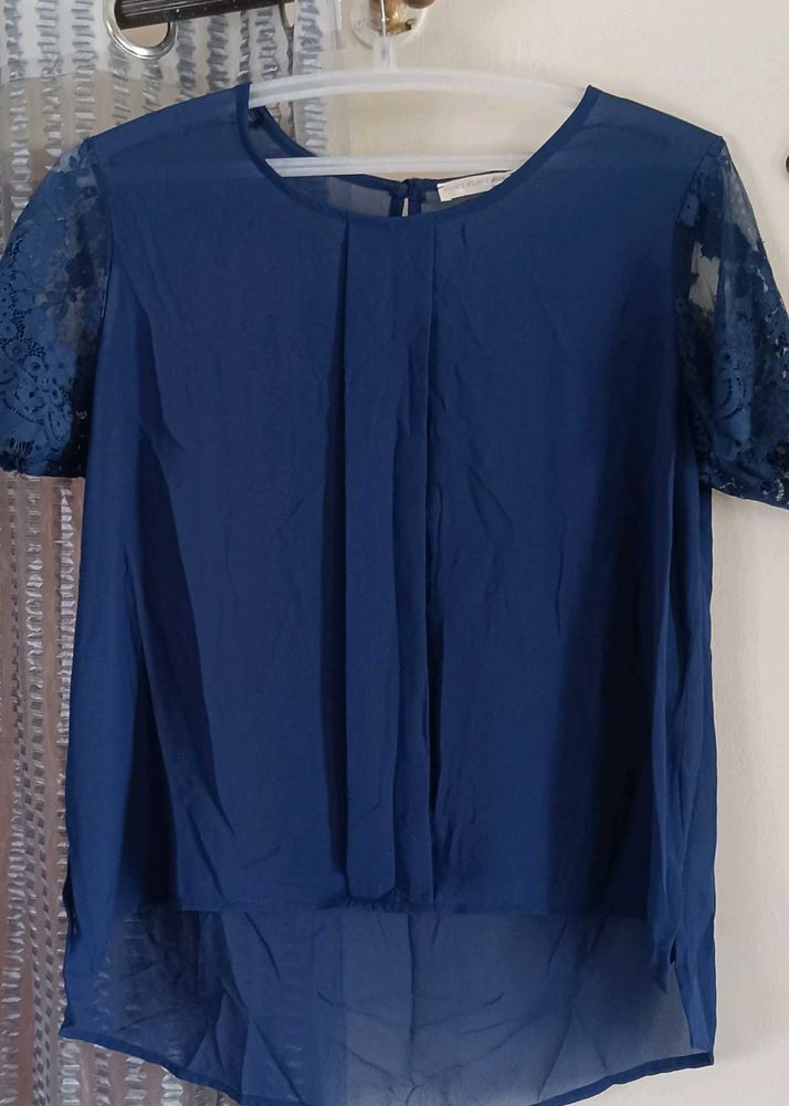 Elegant Navy Blue Lace Sleeve Top
