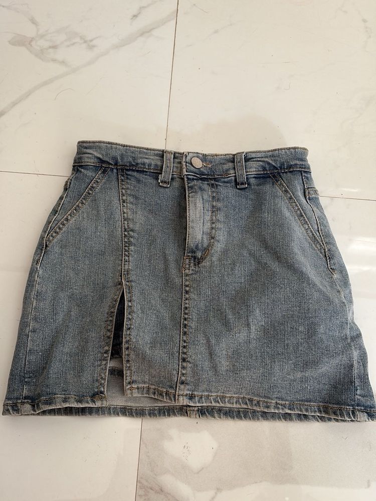 Denim Mini Skirt with Slit