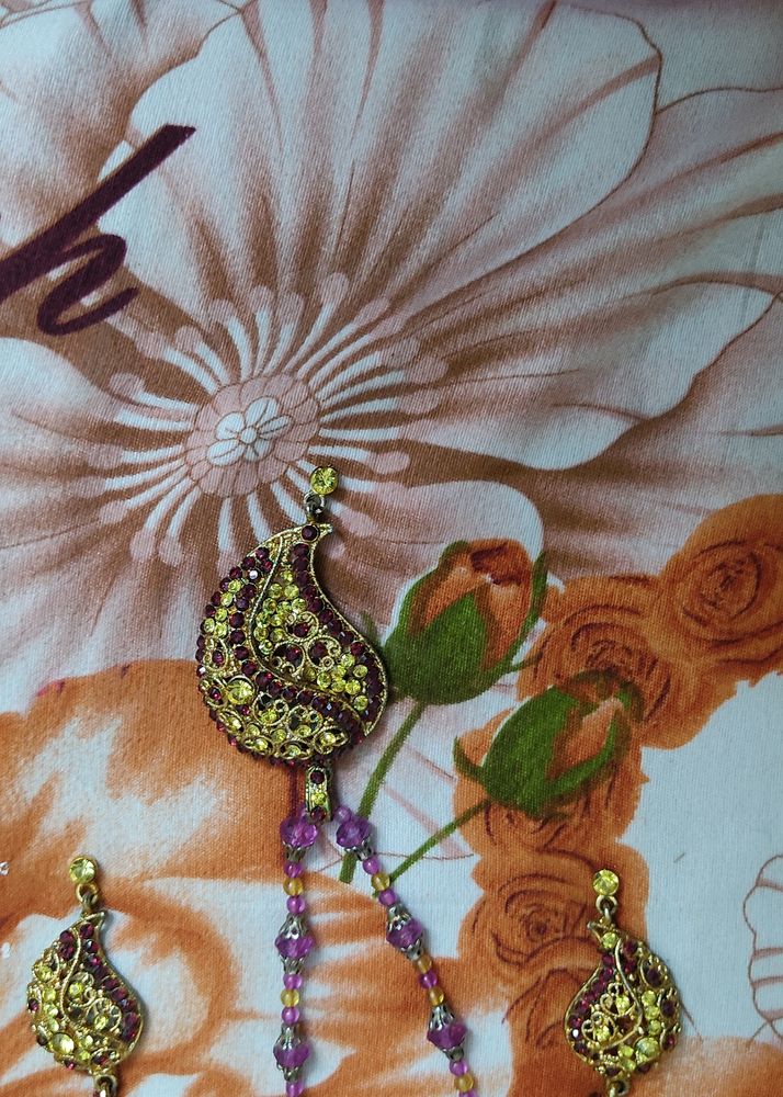 Golden + Purple Pandant Set With Earings