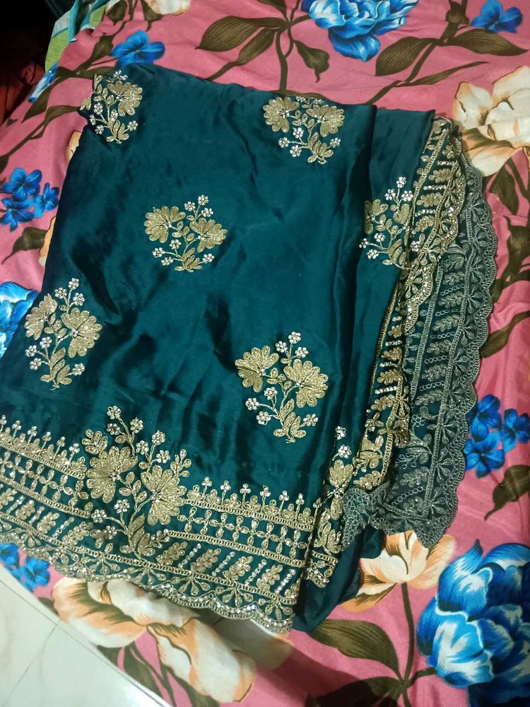 Elegant Teal &amp; Gold Embroidered Saree