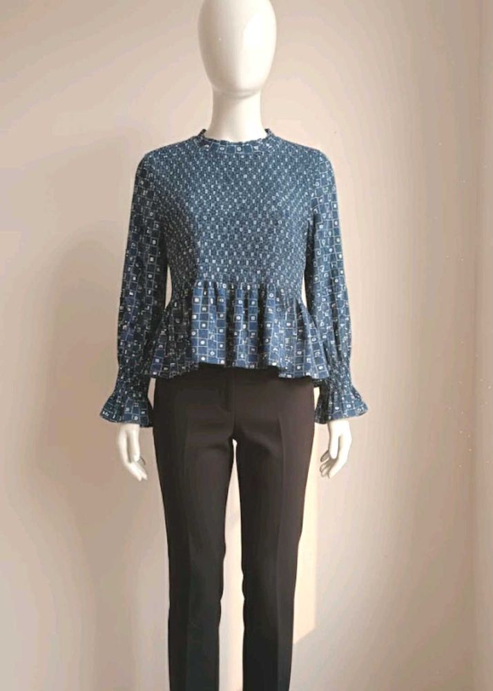 Blue Patterned Peplum Top
