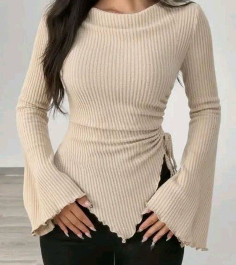 Ribbed Knit Flared Sleeve Top