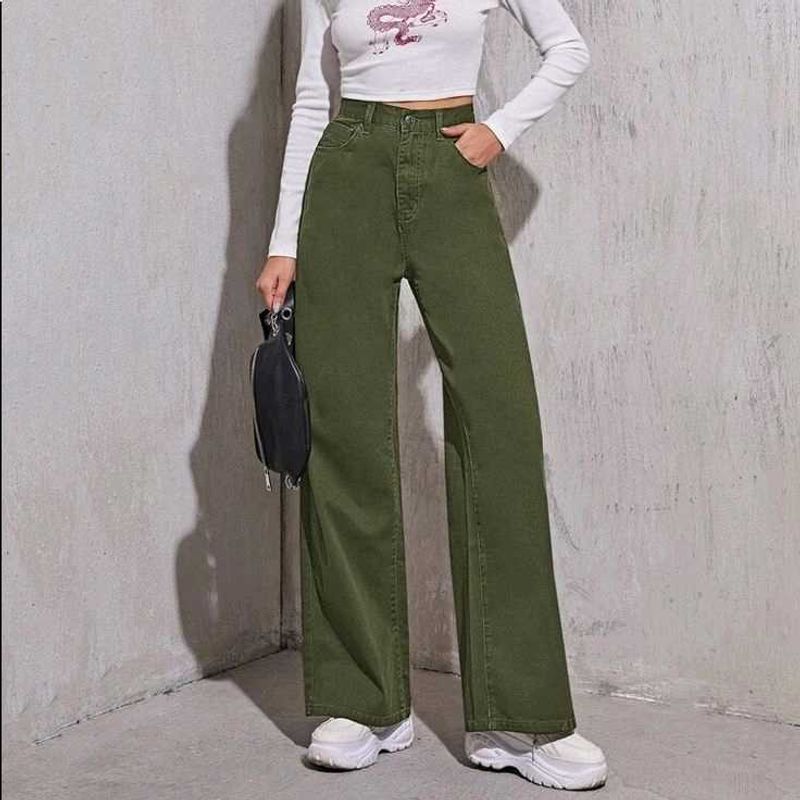 Olive Green Wide Leg Jeans