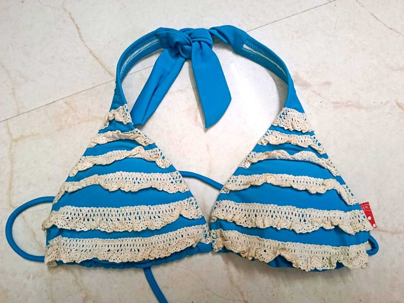 Blue Crochet Trim Bikini Top