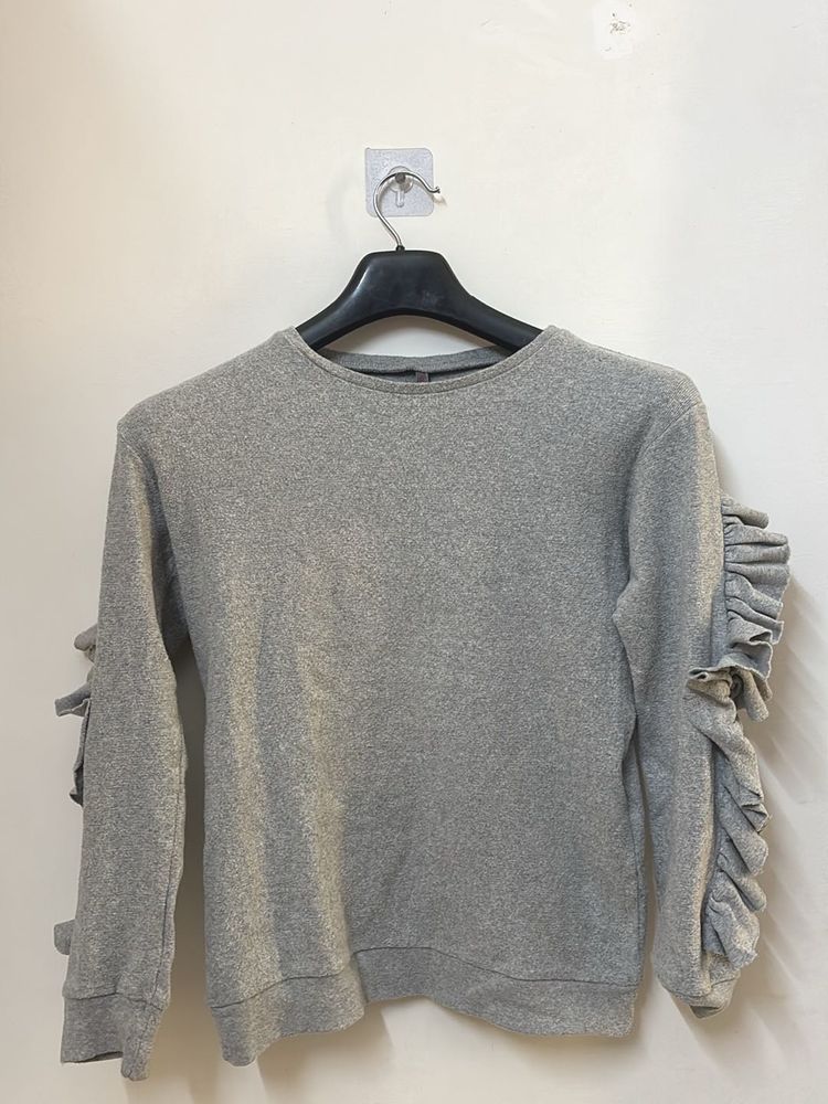 Grey Ruffle Sleeve Sweatshirt
