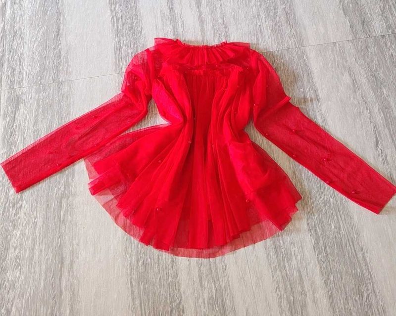 Red Tulle Long Sleeve Top