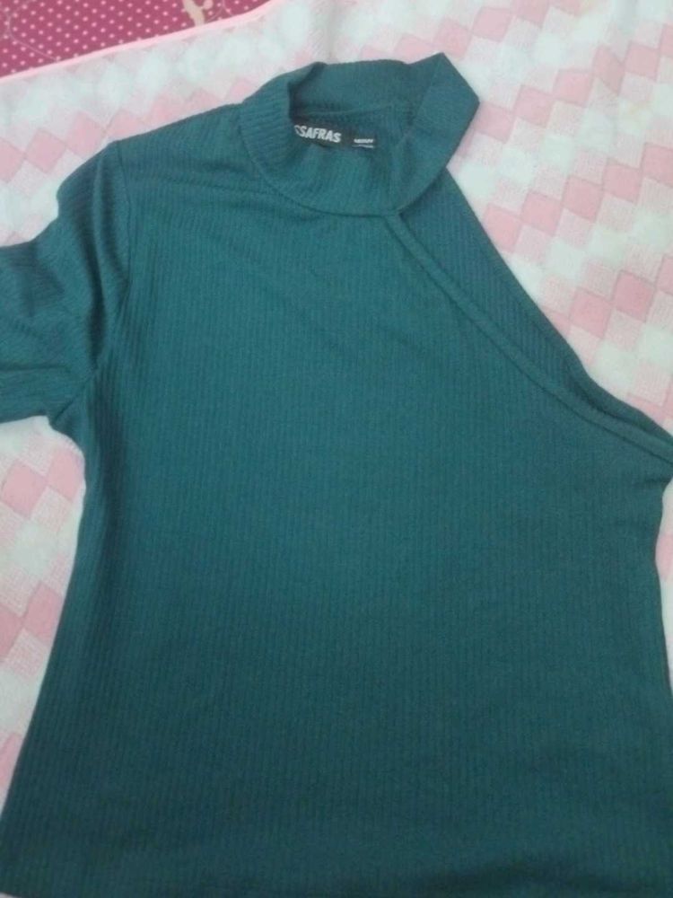 Dark Green One Side Sleeve Top